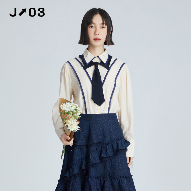 J03女装 秋季新款衬衫 时尚领带拼接休闲衬衣