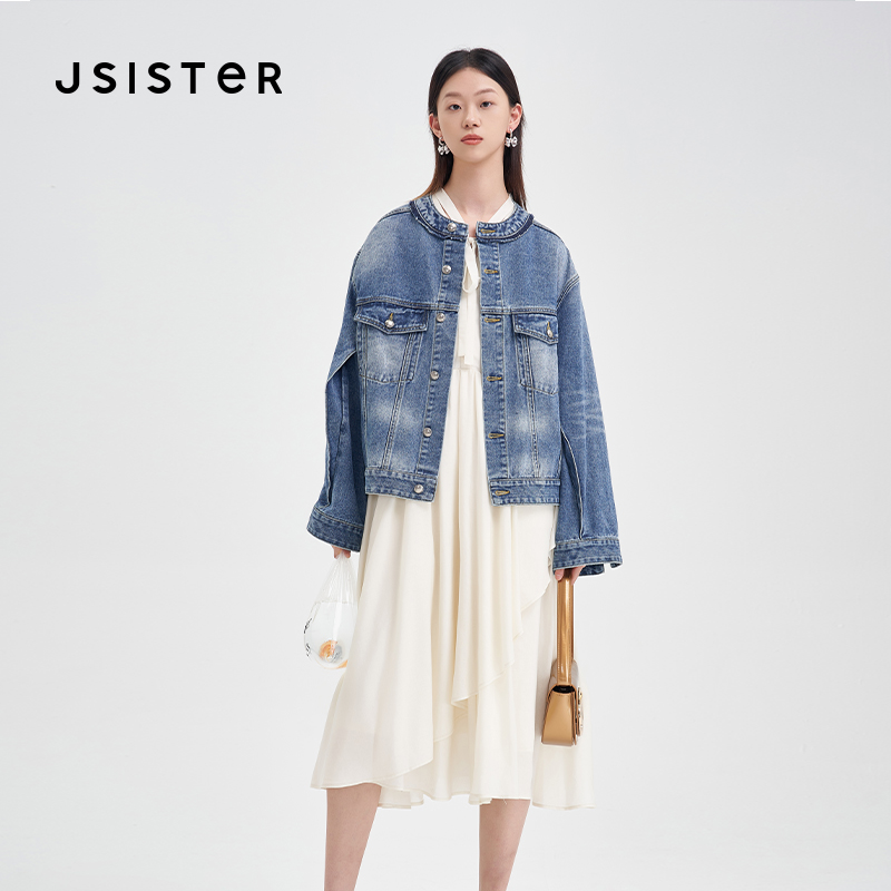 jsister春季新款外套 JS女装时尚宽松中长款圆领牛仔外套