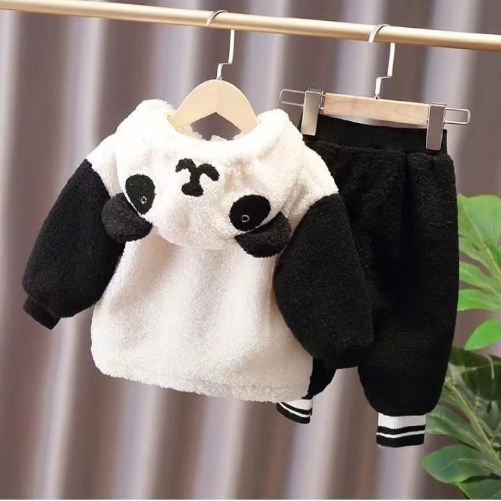 童装婴幼儿冬装男女宝宝毛毛衣套装卡通衣服儿童加绒加厚两件套i