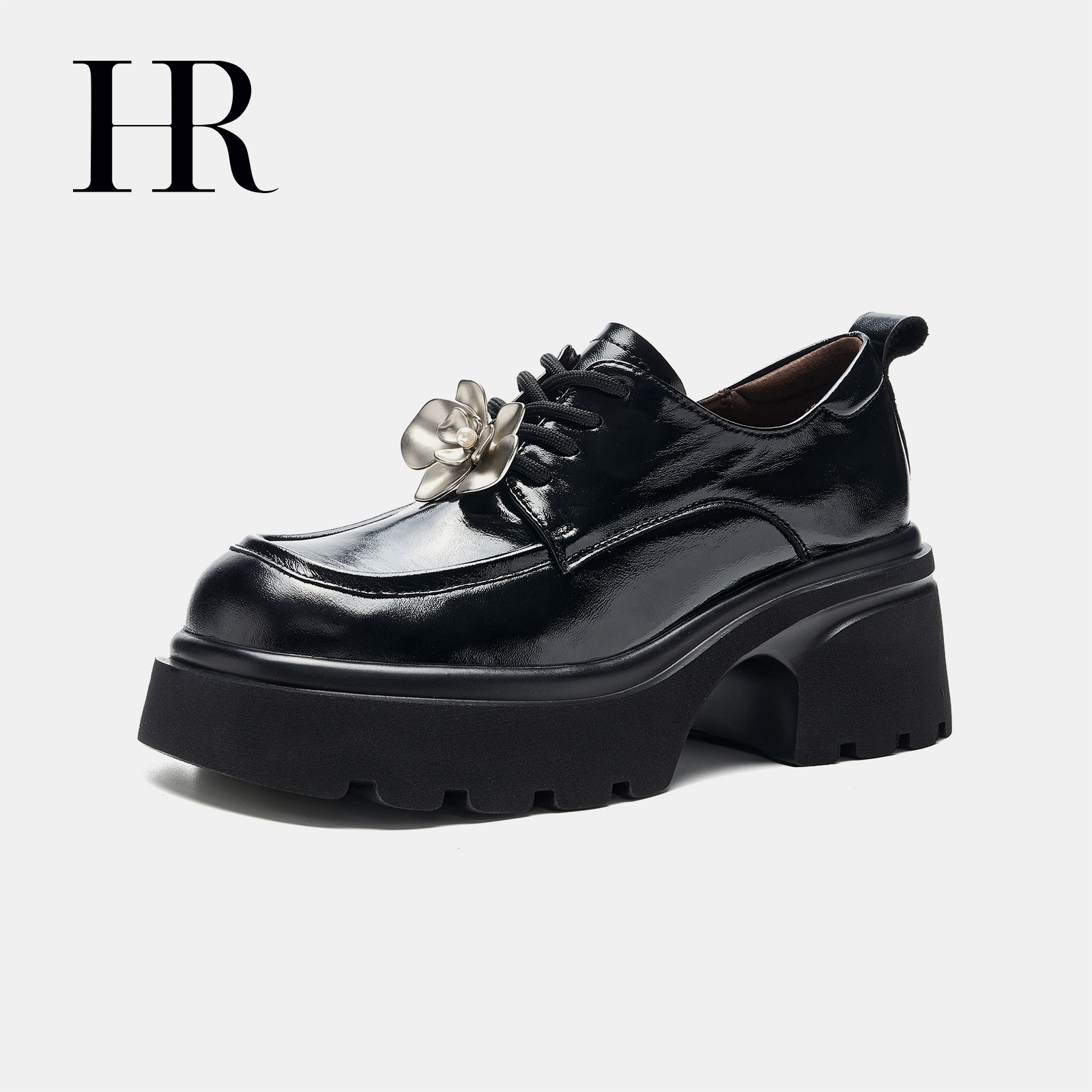 HR/赫莲娜女鞋2025春季新款乐福鞋厚底粗跟时尚亮面小众设计单鞋