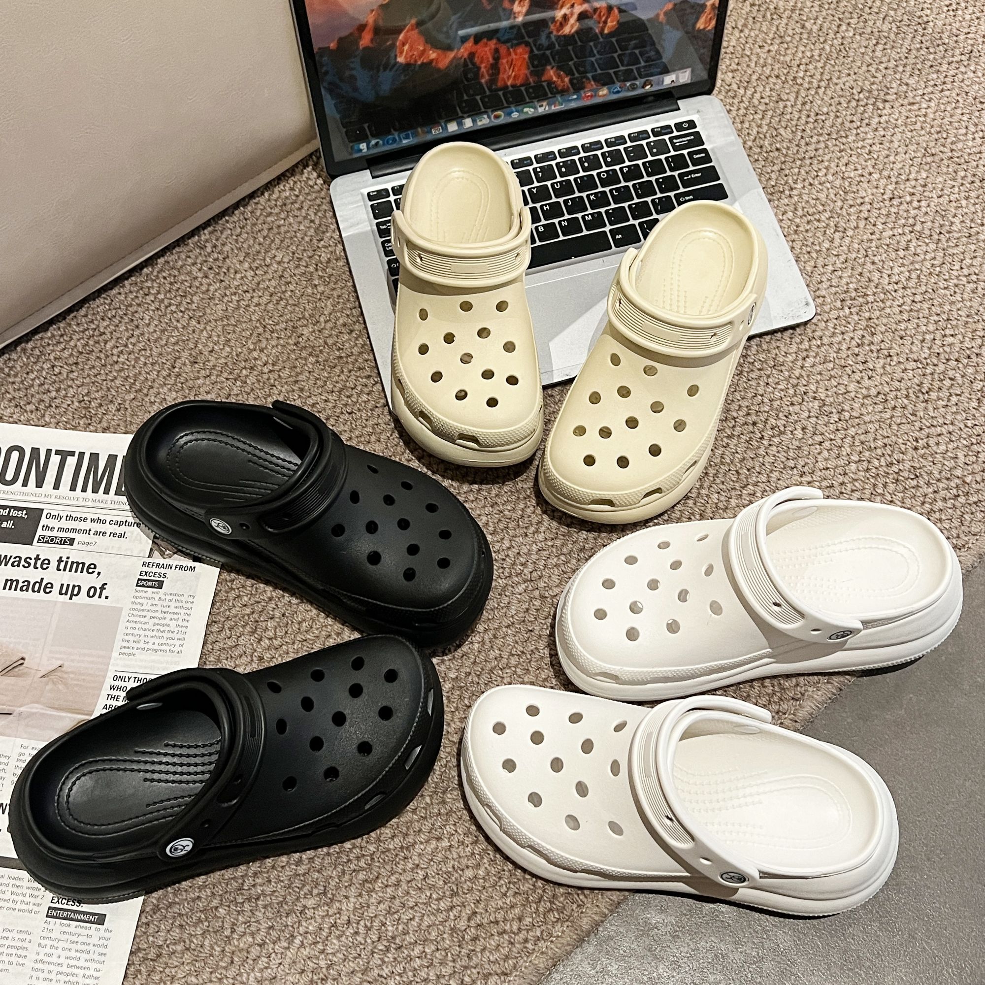 2024年新款厚底增高洞洞女鞋泡芙防滑轻便包头时尚休闲凉拖鞋