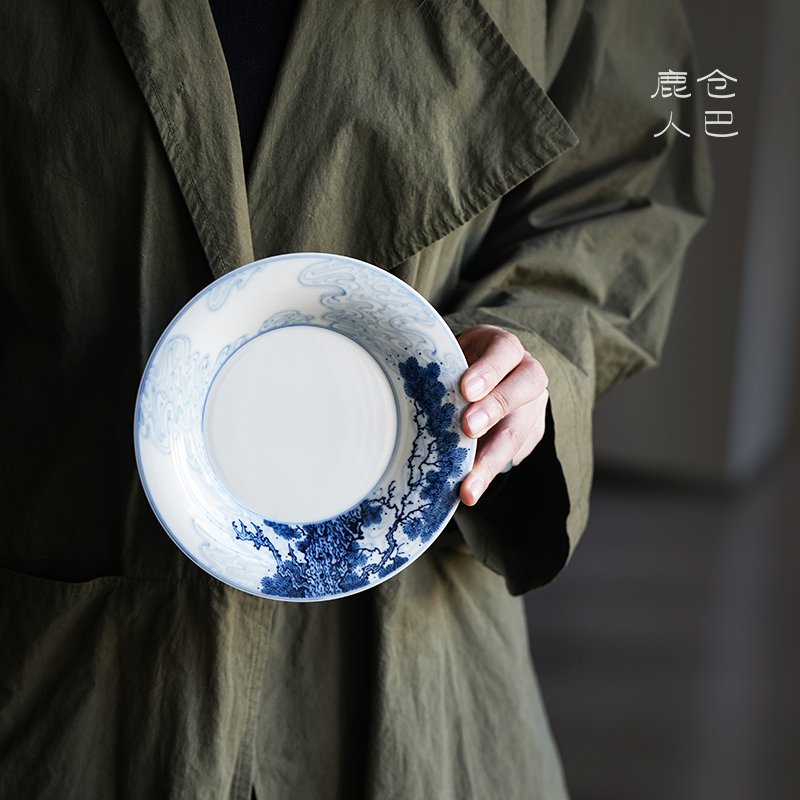 仓巴鹿人 青花云松壶承 景德镇陶瓷纯手工制作干泡茶盘茶配件茶器
