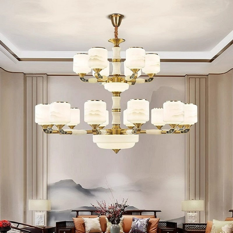 肯思曼全铜新中式复式楼别墅玉石大吊灯客厅灯简约大气中空大厅灯