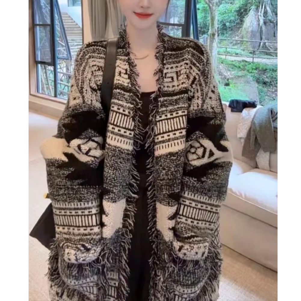 网红同款开衫流苏毛边V领拼色豆子陶陶款毛衣针织加厚秋冬外套