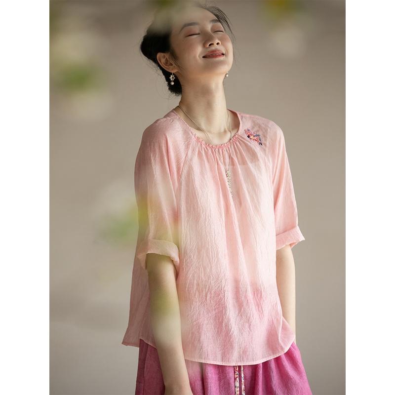 牧衣游原创 丝棉手工刺绣衬衫女新款炒色轻薄百搭套头上衣 左岸枫