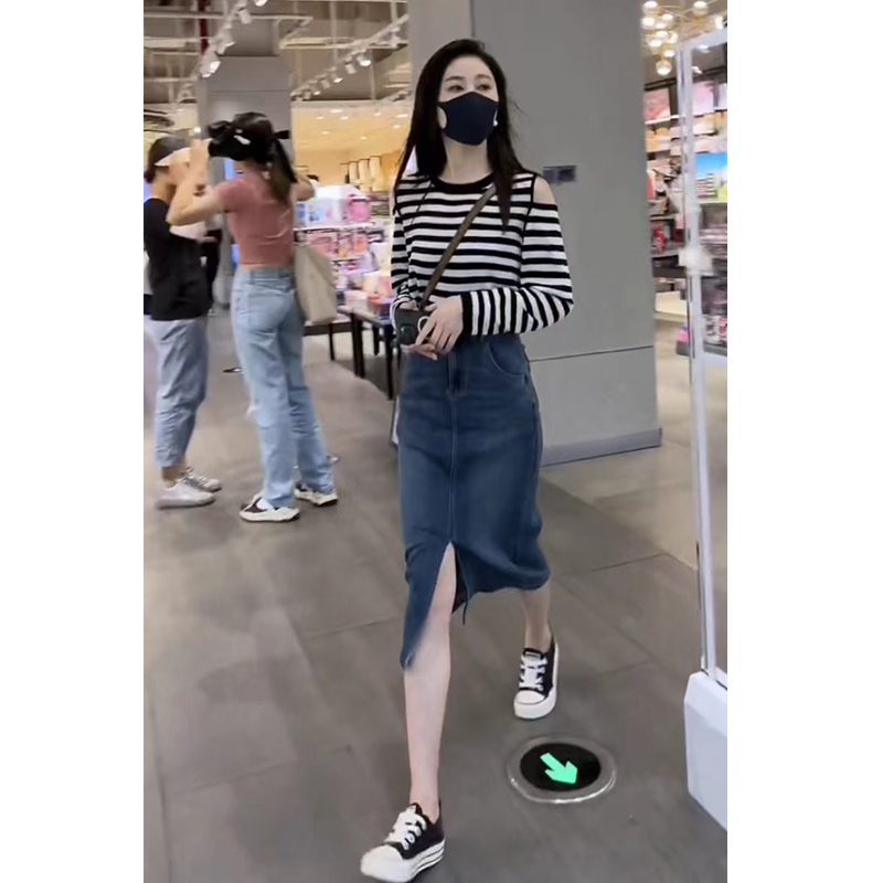 休闲复古高腰牛仔半身裙女2024早秋新款条纹上衣弹力开衩中长裙子