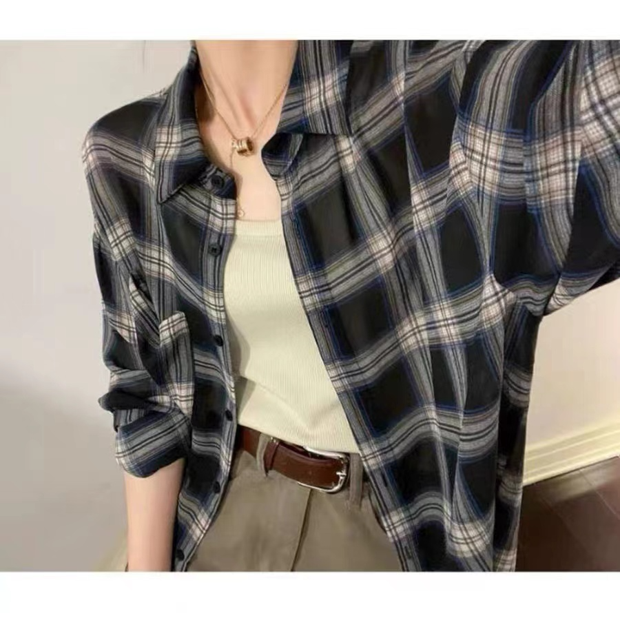 七言家 韩系黑蓝格子可防晒衬衫2