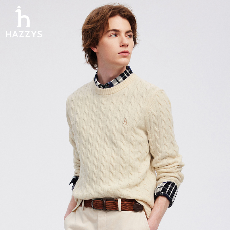 Hazzys/哈吉斯秋冬男士长袖针织羊毛衫休闲圆领提花时尚打底毛衣