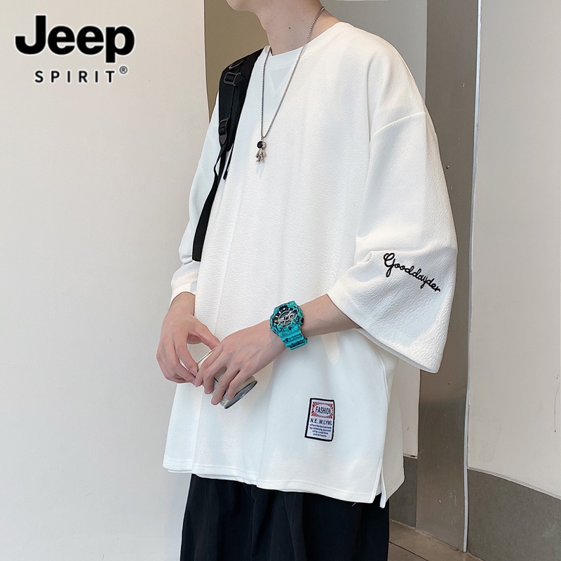 刺绣七分袖男T恤夏季潮牌潮流宽松大码半袖体恤重磅短袖冰丝衣服