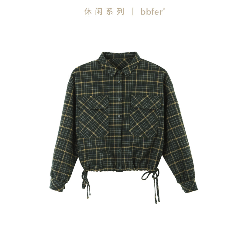 本依凡冬季女士格纹复古衬衣SSSCY0140开襟长袖衬衫可调节下摆