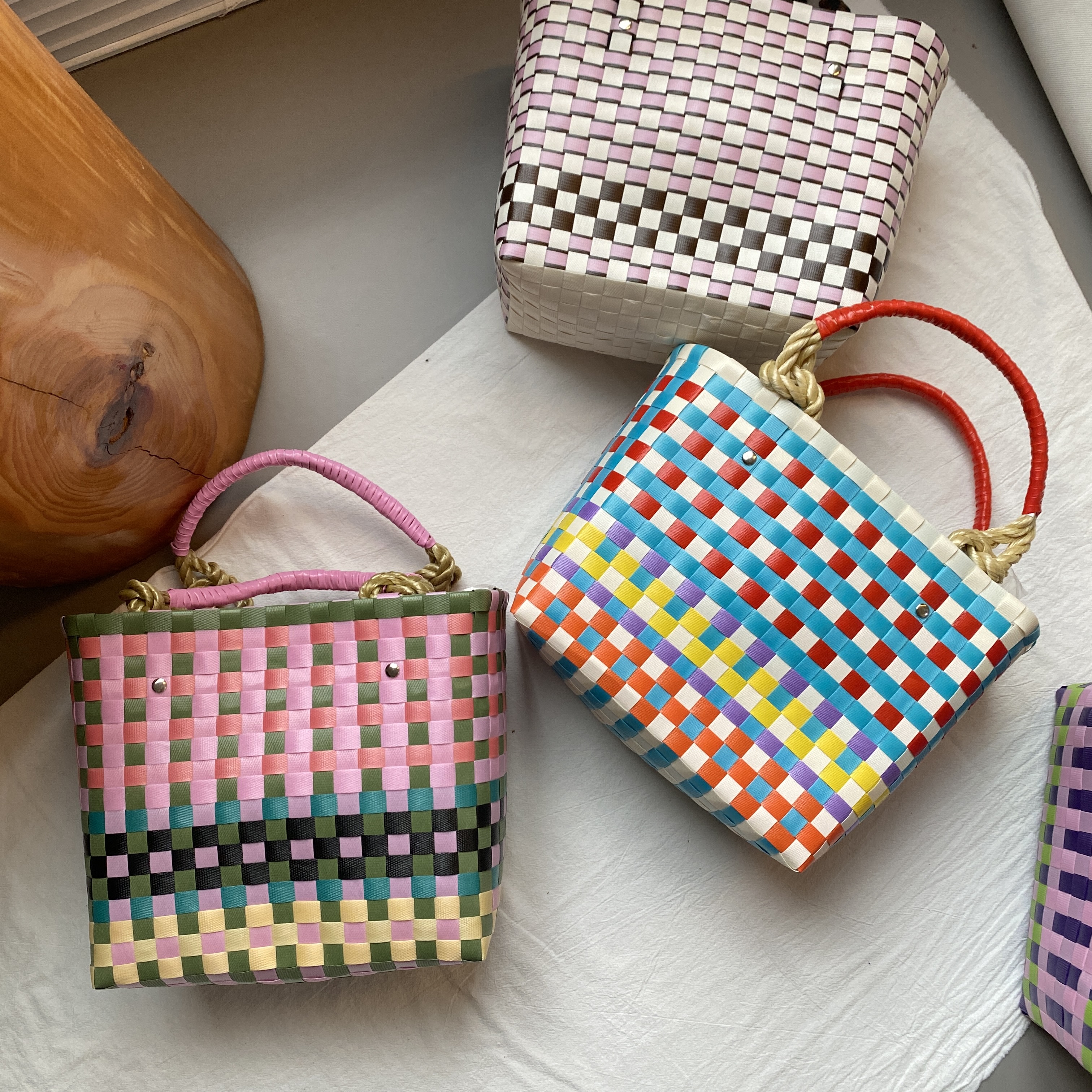 新款手工编织撞色购物大容量郊游手拎菜篮子