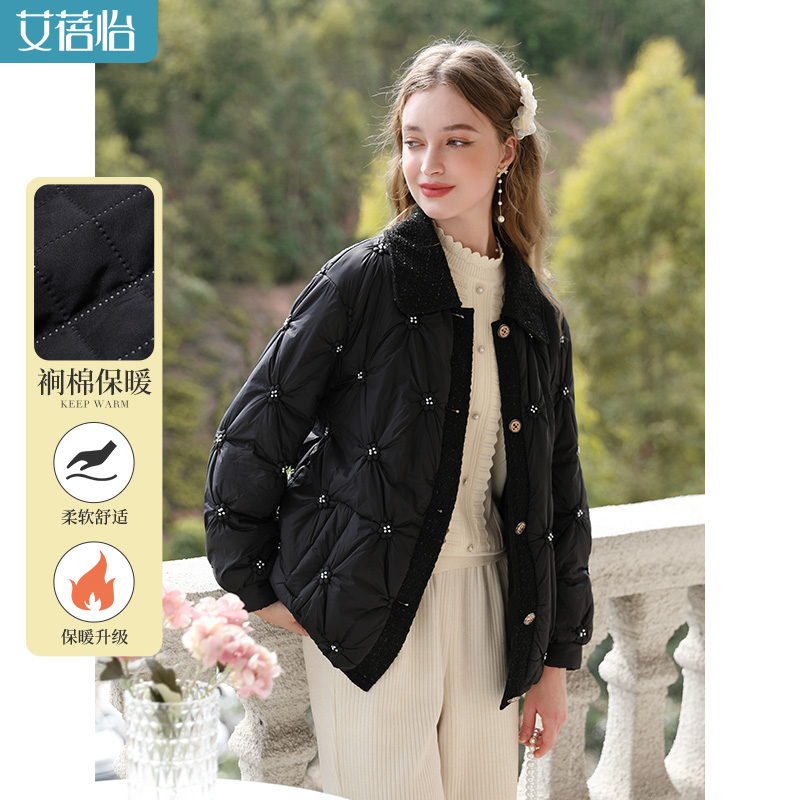 黑色立体珠花夹棉保暖棉服厚外套女春季2024新款棉衣高级感面包服