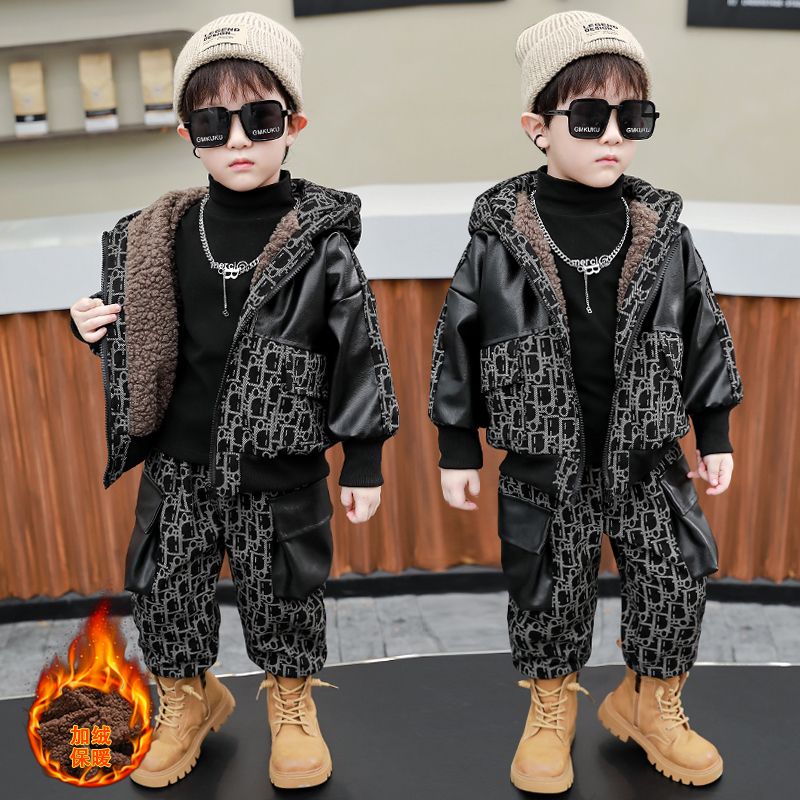 男童秋冬套装2023新款儿童装加绒加厚拼两件套男孩中大童韩版