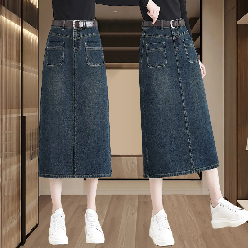 牛仔裙女半身裙春季过膝长裙2024新款开叉一步裙复古百搭显瘦裙子