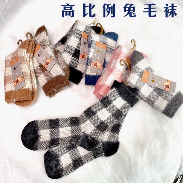 兔毛袜子秋冬季加厚女士长袜秋冬款中筒袜百搭羊绒袜格子复古保暖