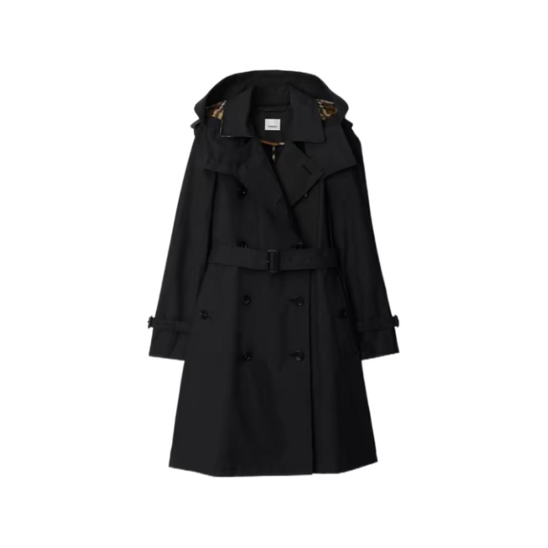 BURBERRY博柏利 女士黑色棉质双排扣连帽长袖风衣80842511