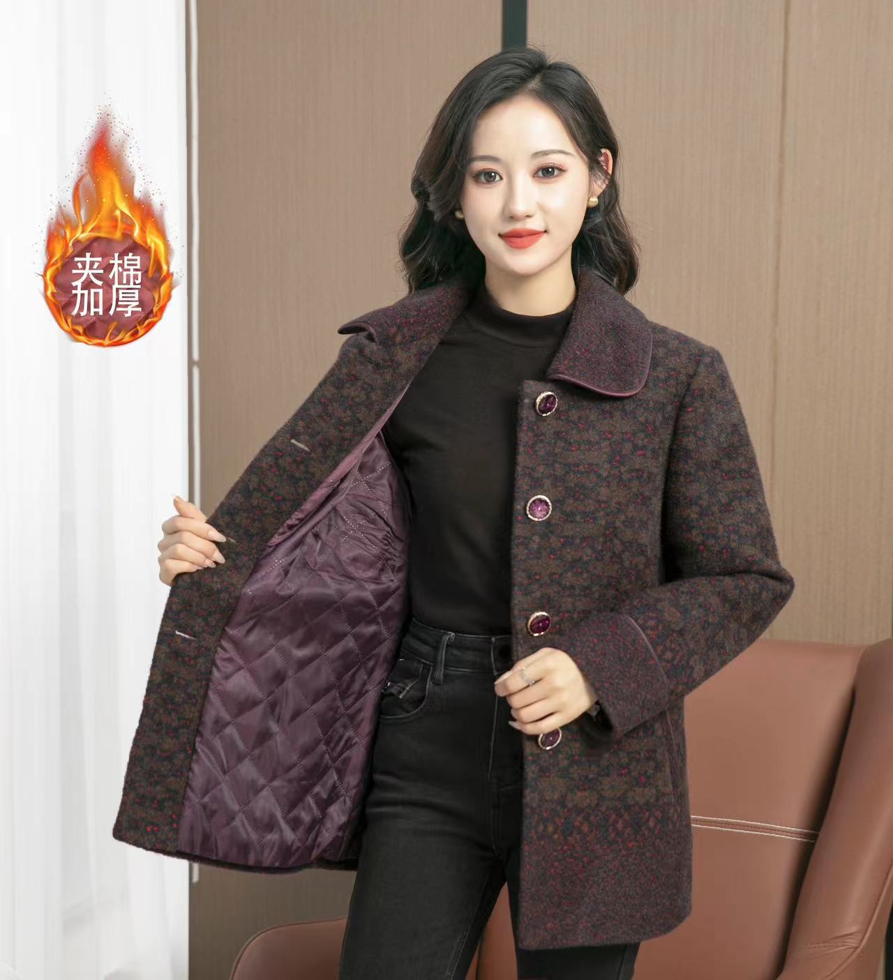 妈妈装老年人秋冬装外套女加棉水貂绒加厚洋气妈妈装纽扣翻领外套