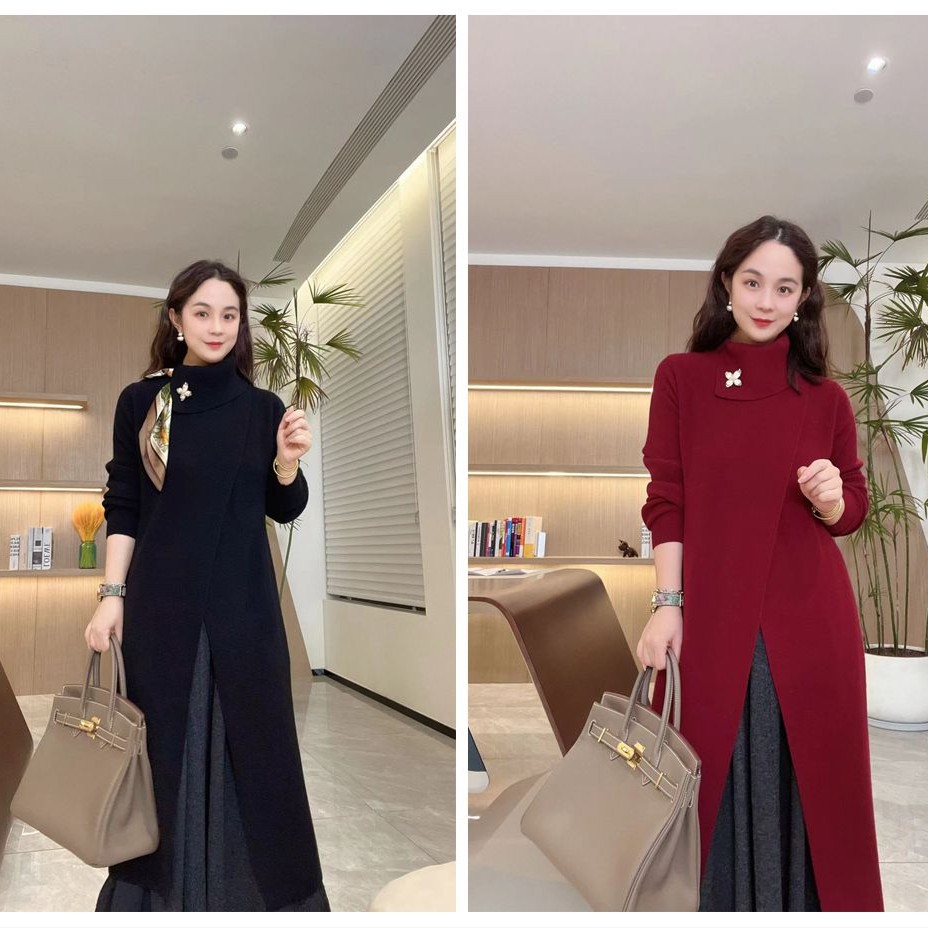 LVMU/吕木长袖蝴蝶领开叉羊毛连衣裙羊GT7920