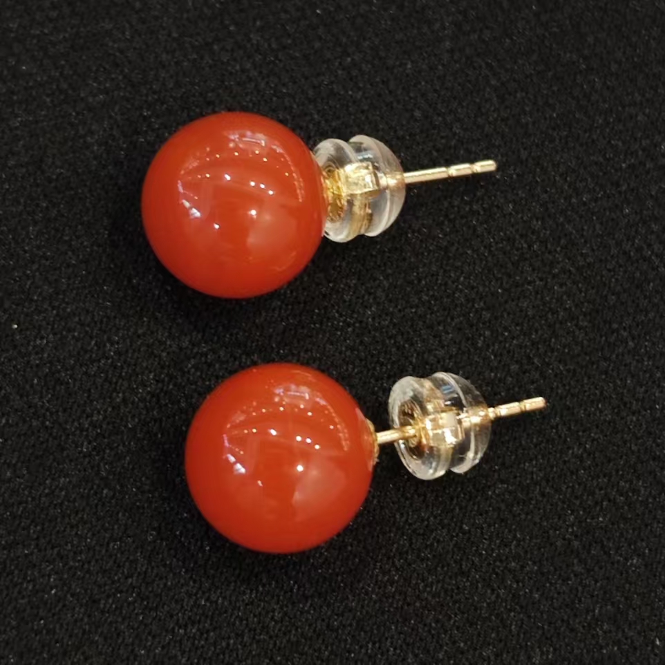 语唐18k金南红冰红圆珠耳钉
