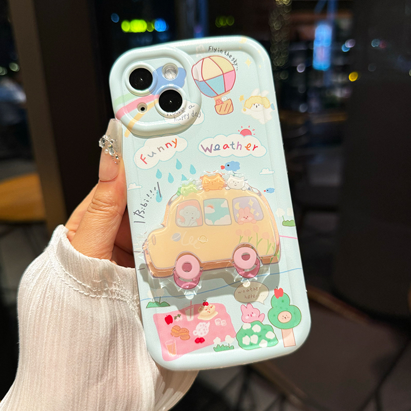 【苹果/华为/荣耀/OPPO/vivo/小米】动物巴士直边奶油支架手机壳