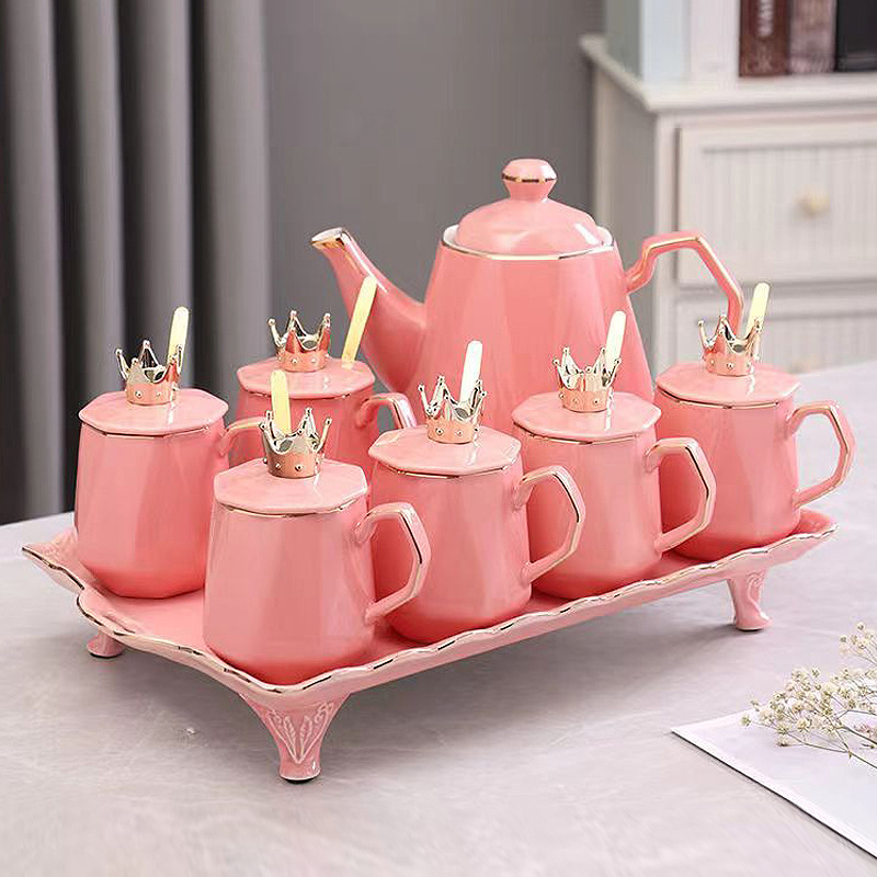 杯具套装带盖家用客厅办公室招待皇冠陶瓷水具6杯1壶带托盘送礼品