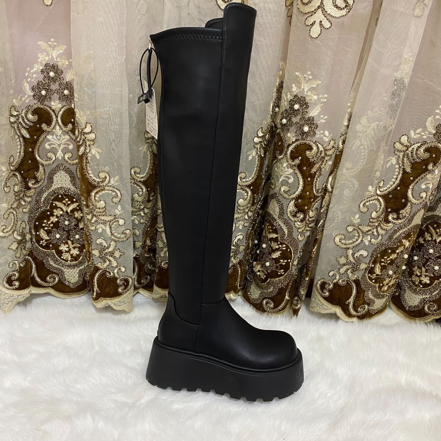 A93-休闲丑萌大头脏脏长靴女系带不过膝后拉链骑士靴