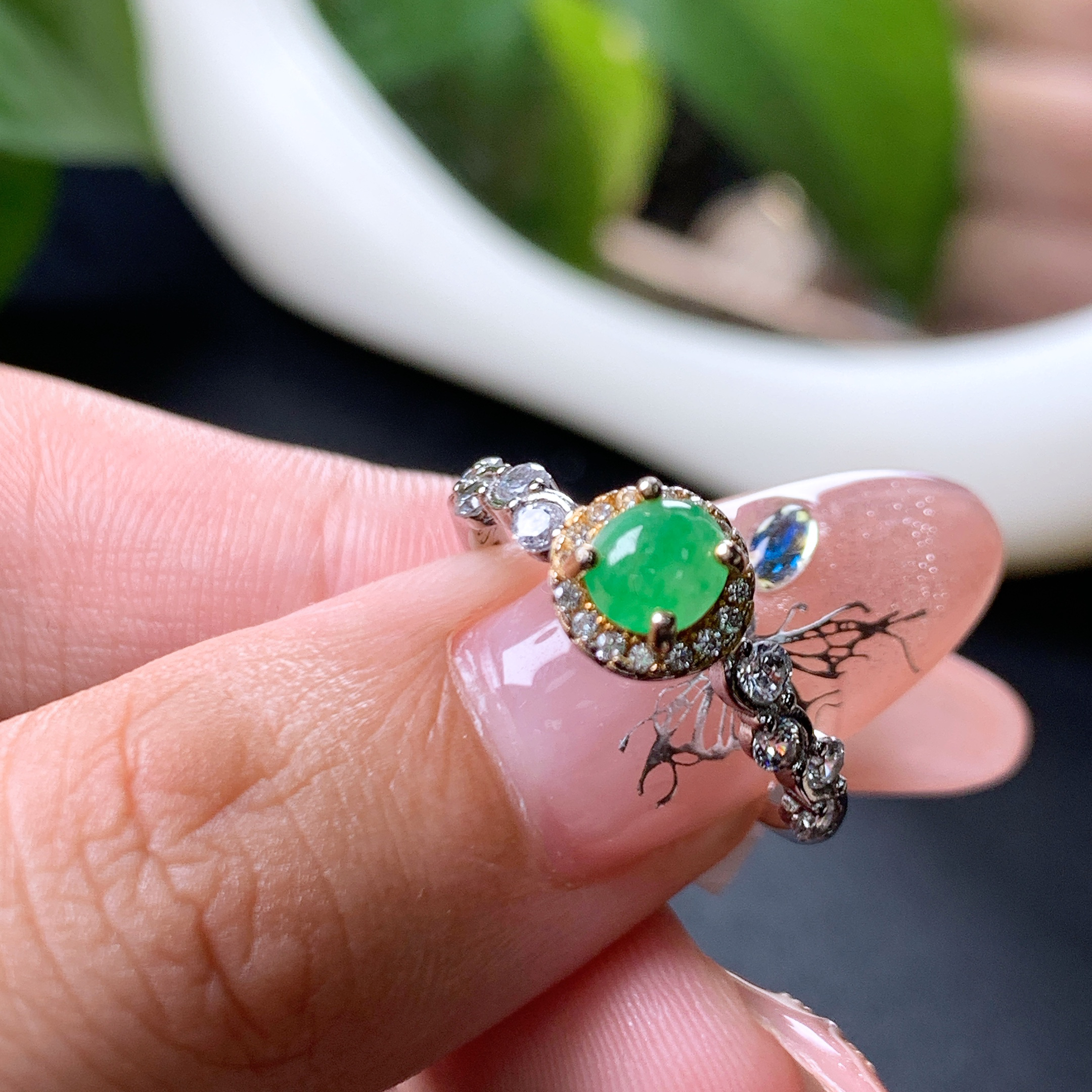 ［名诚珠宝］翡翠冰绿戒面缅甸戒指银S925