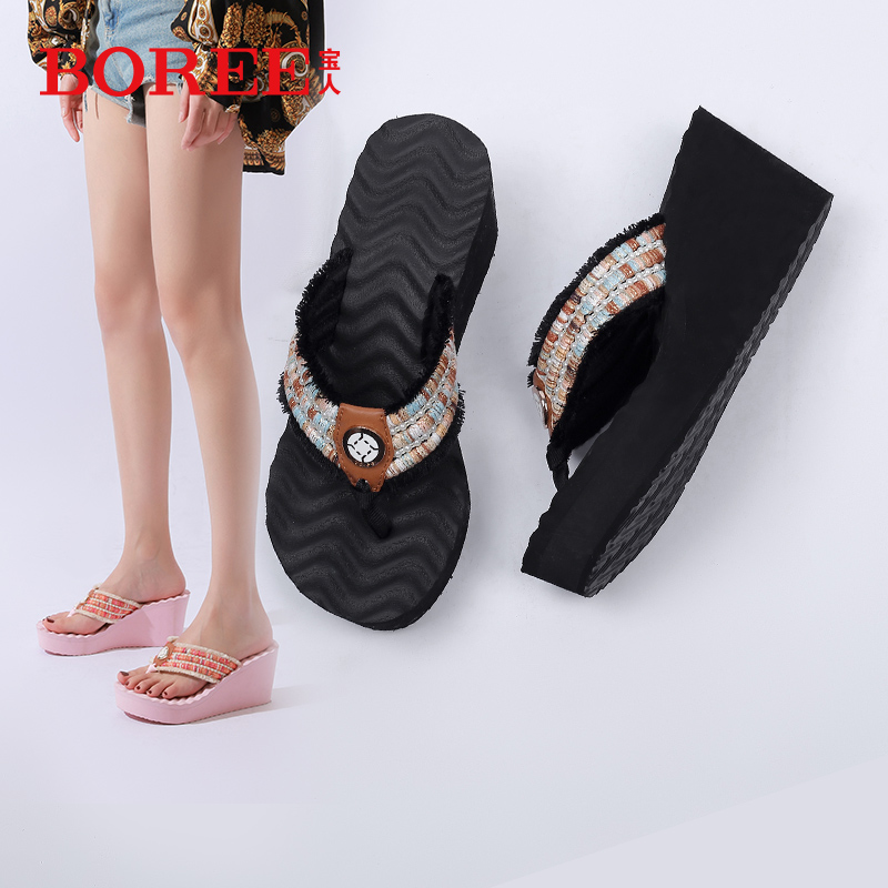 Boree宝人网红ins女士拖鞋坡跟高跟厚底防滑外穿人字拖鞋百搭软底