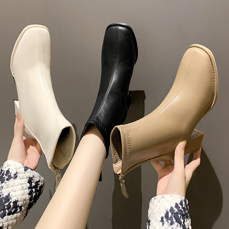 软皮高跟米色小短靴女2025新款秋冬百搭马丁靴时尚方头粗跟瘦瘦靴