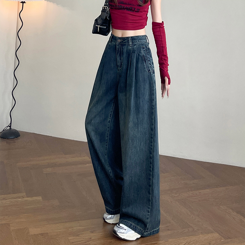 牛仔裤女春游夏季宽松显瘦弯刀阔腿慵懒风直筒牛仔裤女款夏季薄款