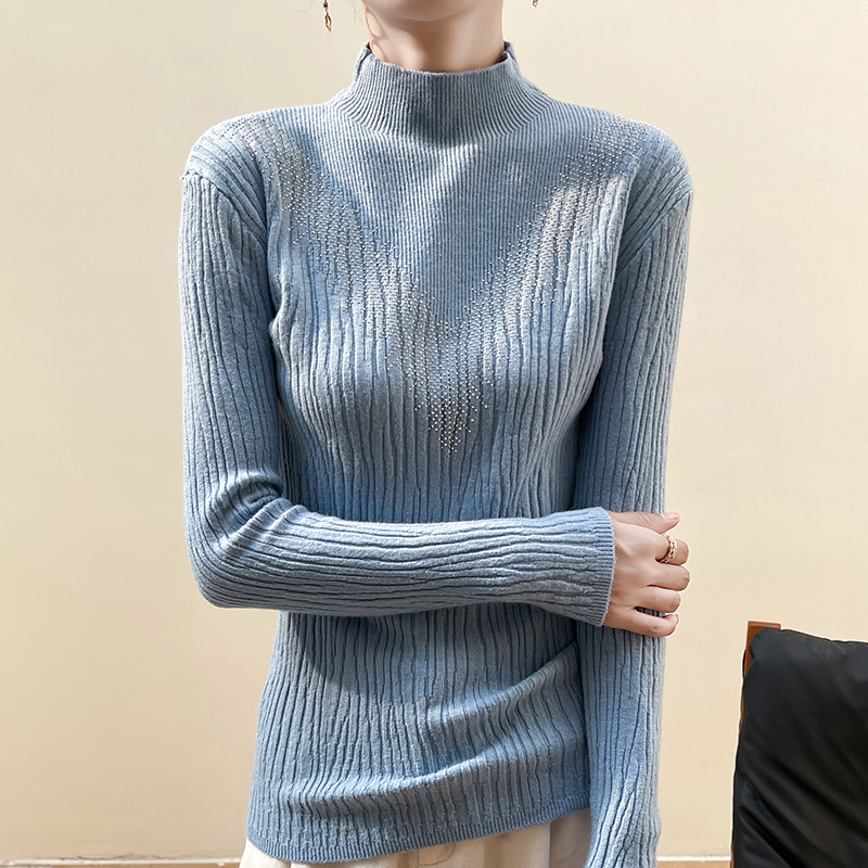 韩版保暖时尚显瘦气质套头烫钻高领针织衫2024年秋季7073