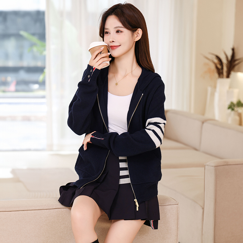 秋冬新品帆船羊毛针织开衫男女同款宽松休闲百搭拉链连帽外套