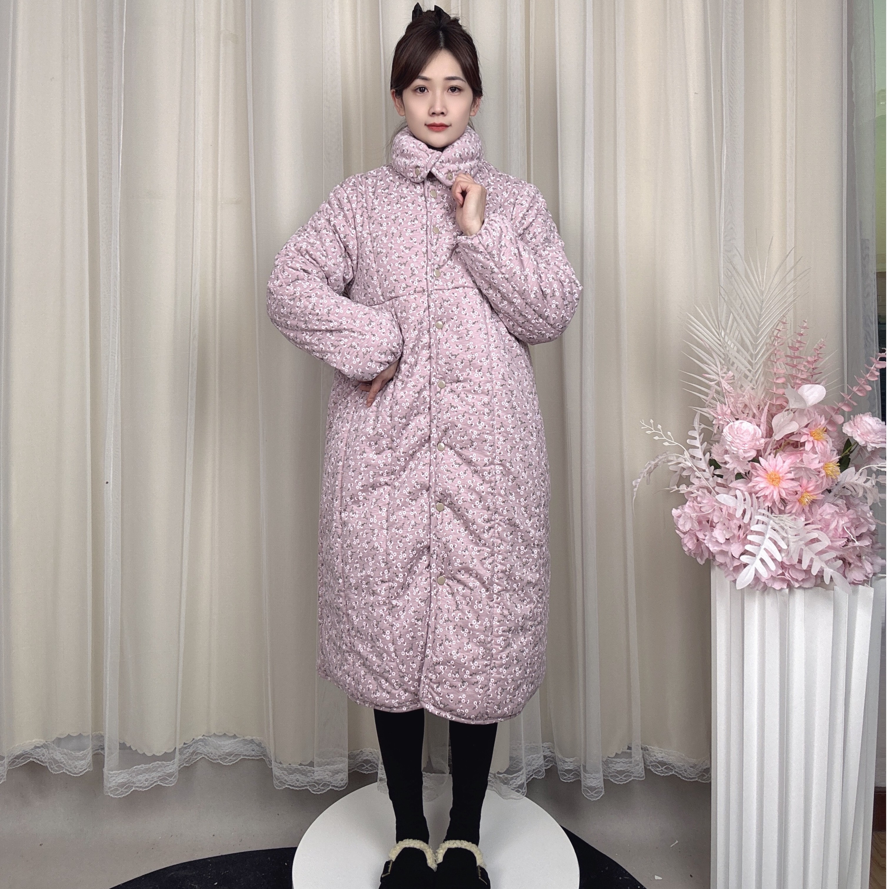 SANYUE新疆棉棉花【流光溢彩立领长款】宽松家居服保暖棉服