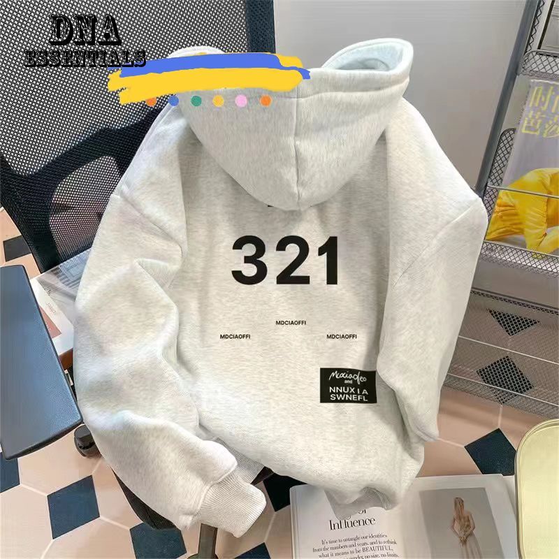 美式白灰色重磅数字连帽卫衣秋冬字母连帽上衣宽松情侣外套慵懒风