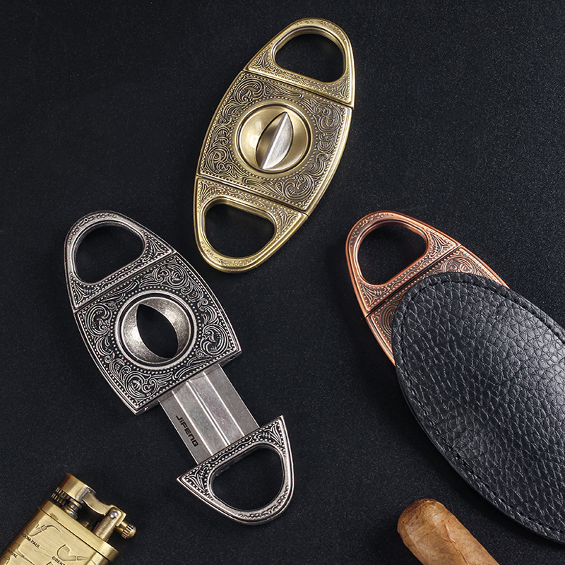 季风雪茄V剪不锈钢锋利刀刃复古金属浮雕便携式JIFENG剪烟开孔器