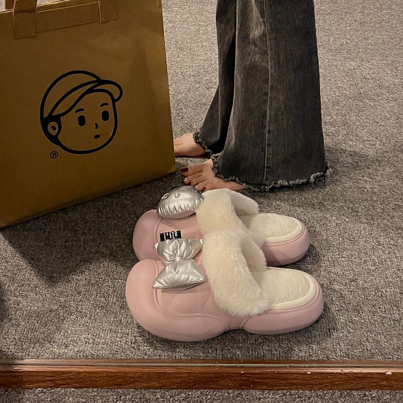 蝴蝶结包头棉拖鞋女外穿2023年秋冬新款加绒保暖厚底踩屎感毛毛拖
