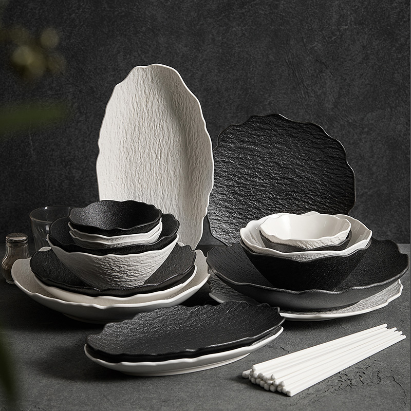 【一亨】Hewitt芬兰收藏级手雕石纹碗碟套装黑白碗筷高级乔迁餐具