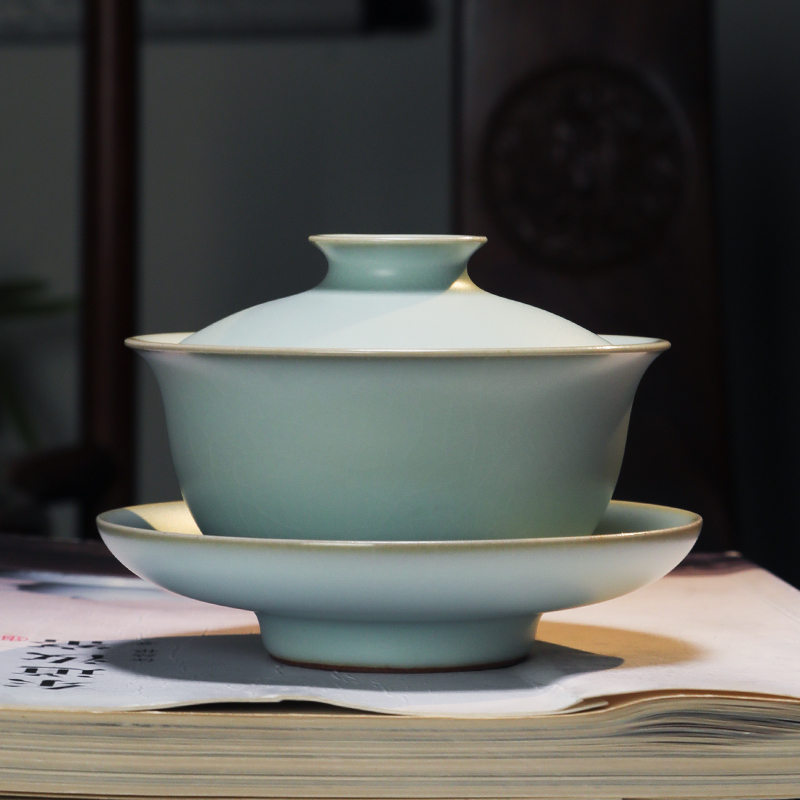 东道汝窑福圆盖碗（天青）手工三才盖碗泡茶碗茶具茶器高档礼盒装
