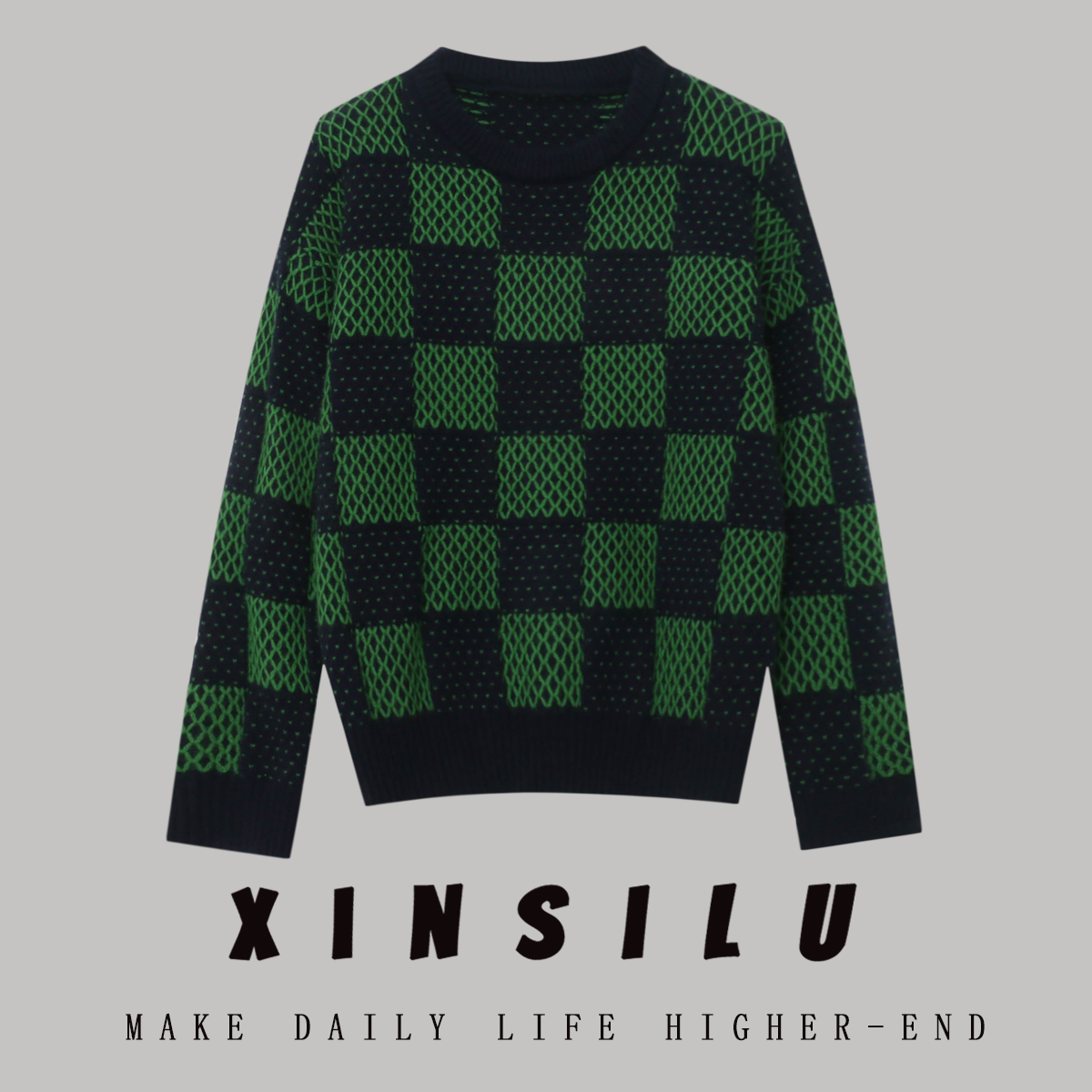 （绿格）小众格子圆领减龄保暖毛衣 新选f351 J021462