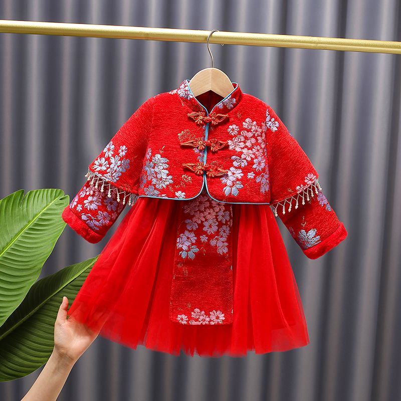 拜年服红色新款中国风加绒加厚宝宝马面童装套装秋冬冬季洋气服汉