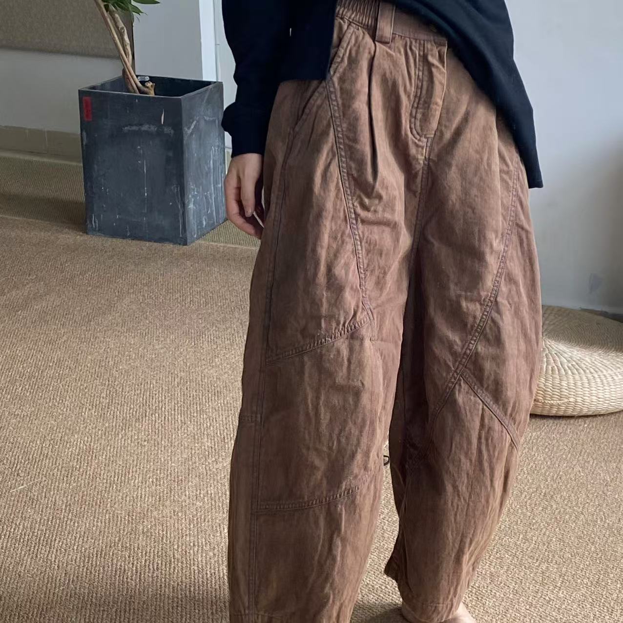 复古色织棉双层撞色线大口袋休闲裤240907