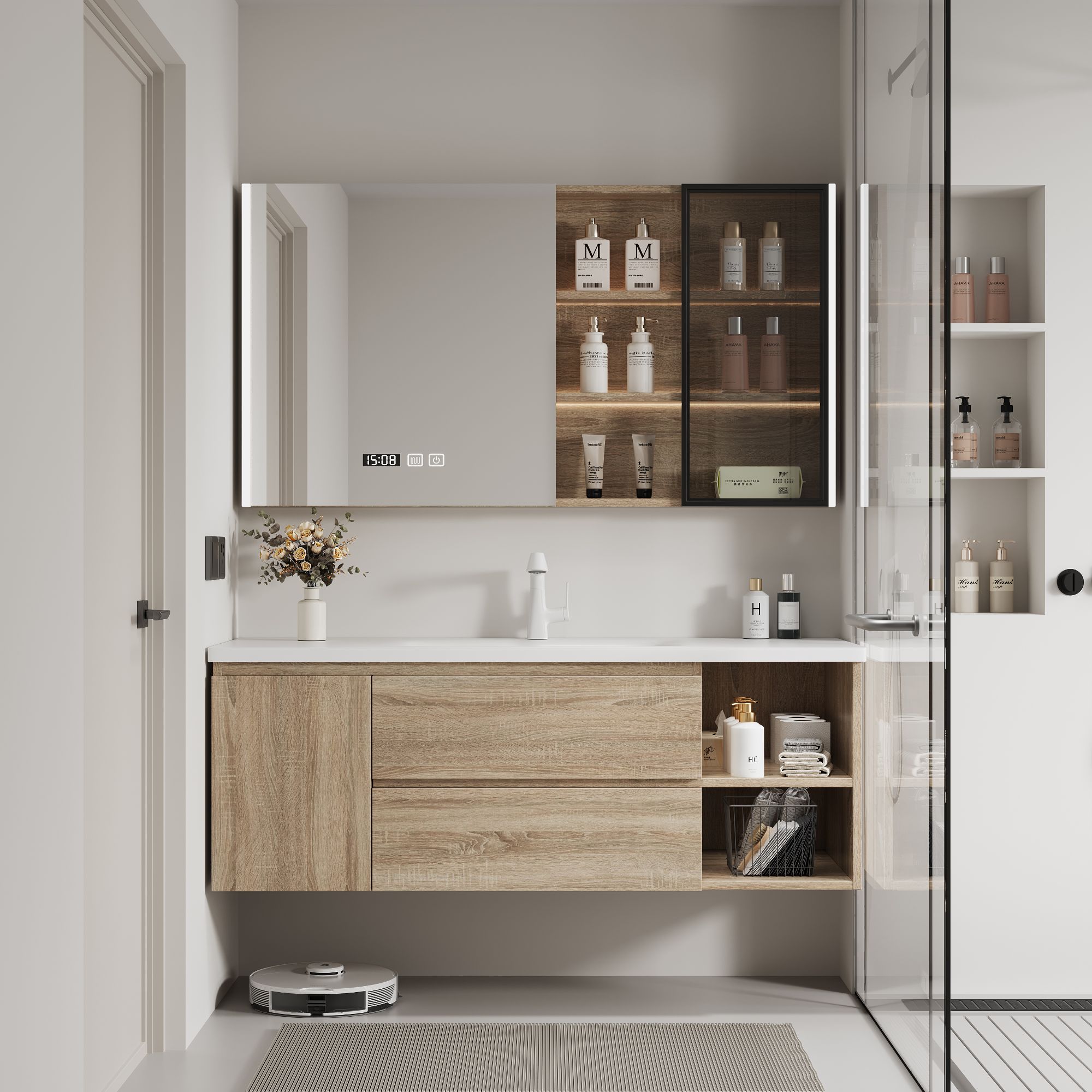 现代简约原木风可丽耐陶瓷一体盆浴室柜组合洗手洗脸洗漱台定制