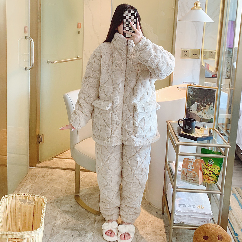 休闲立领冬天睡衣女情侣珊瑚绒秋冬季三层夹棉家居服冬季
