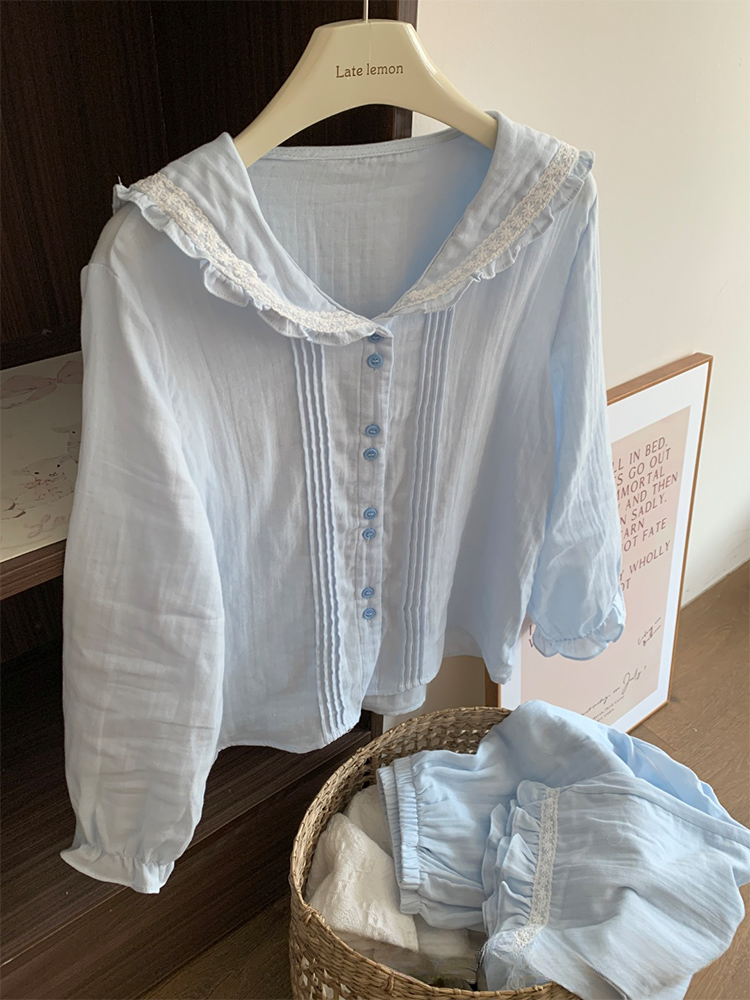 甜美baby蓝绵绸裤子可外穿遛弯睡衣女款爆款2025新款家居服套装
