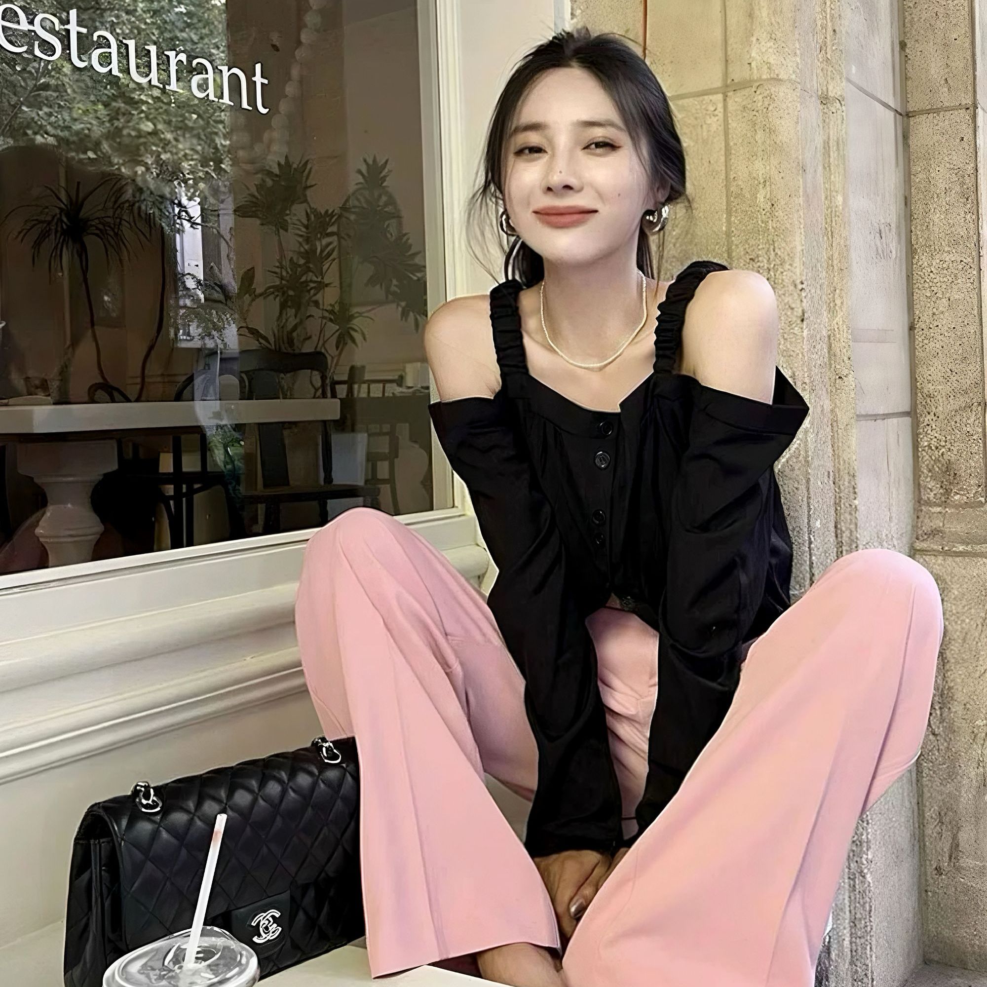 【冯琬琬】一字肩领衬衫女大码长袖衬衣设计感小众甜辣露肩辣妹上衣