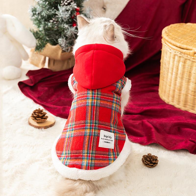 宠物猫咪红色格纹牛角扣连帽马甲秋冬款布偶猫秋冬款加厚保暖衣服