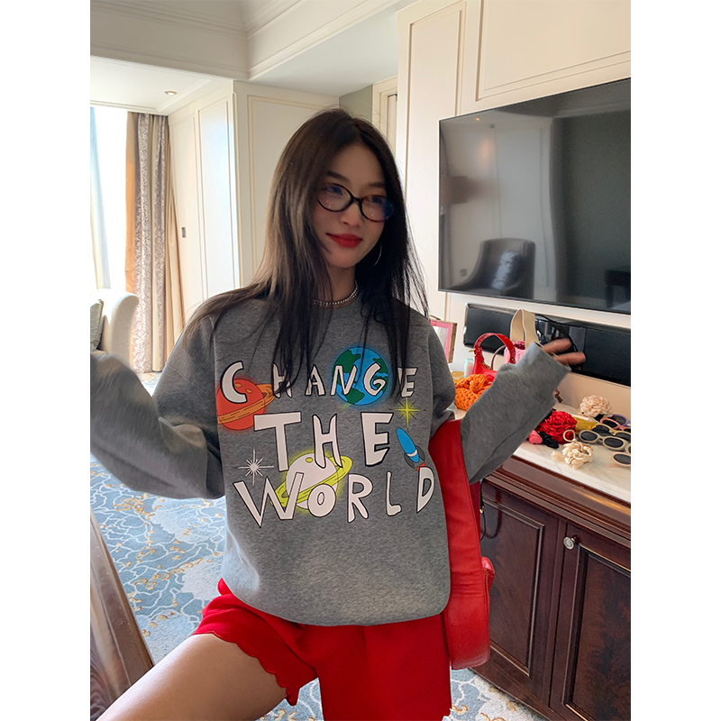 落落狷介 卫衣女春秋款2025新款设计感宽松字母印花外套灰色圆领