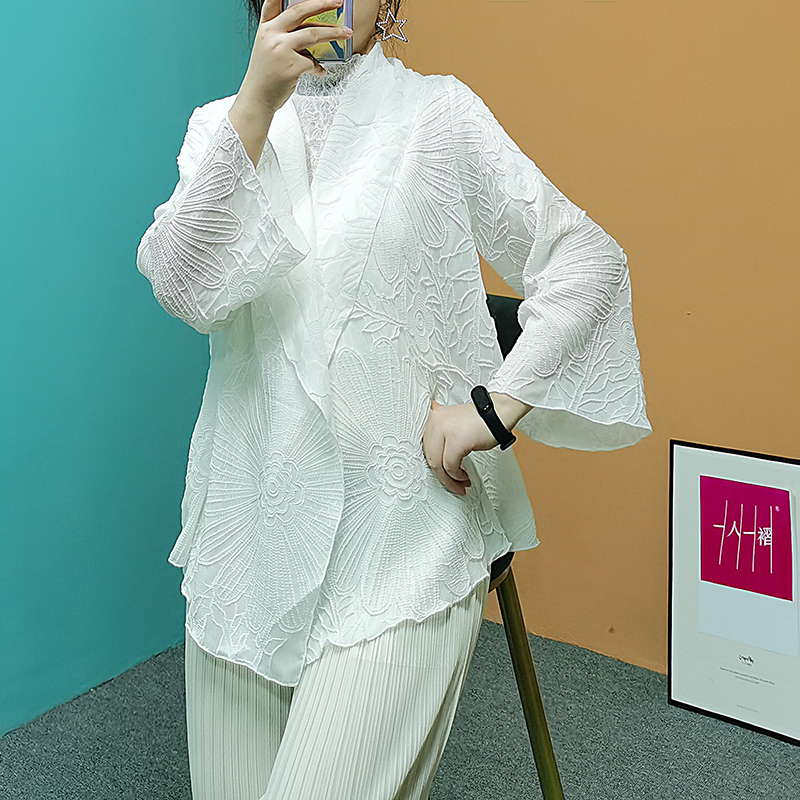 衣羽白F038立体刺绣褶皱雪纺衫短开衫上衣宽松气质外套春季薄款女