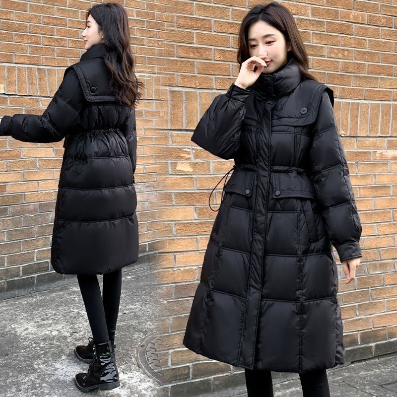 2023新款羽绒服女中长款修身收腰海军立领黑色棉衣百搭加厚外套
