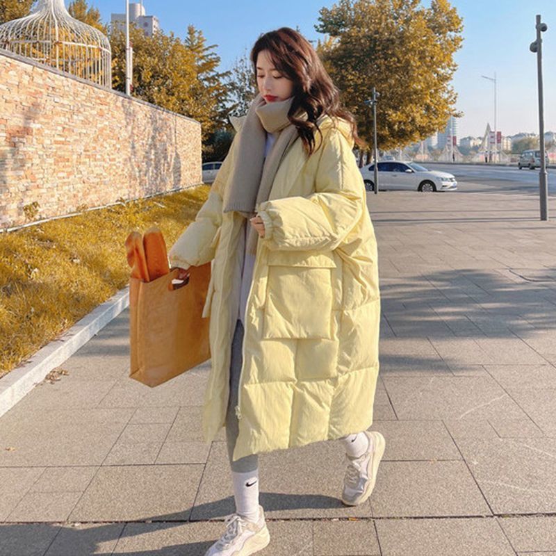 奶黄色羽绒服女中长款2023冬季新款韩版宽松棉衣加厚保暖外套潮